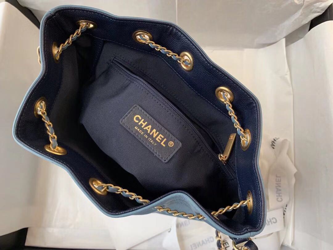 Chanel drawstring bag Calfskin & Gold-Tone Metal AS0373 blue