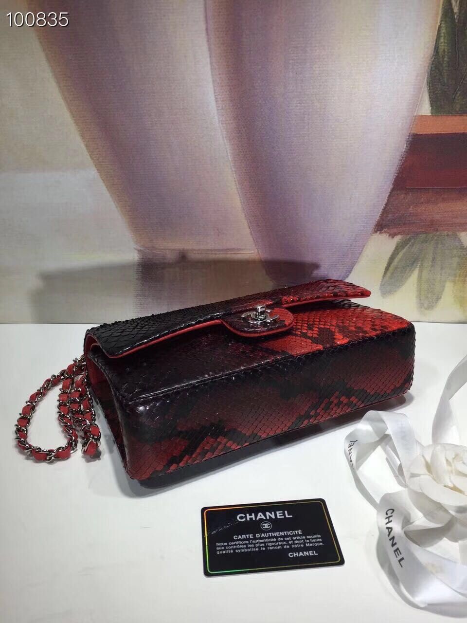 Chanel Classic Handbag Python Leather A01112 Black&Red