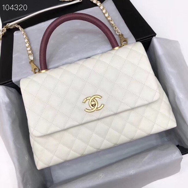 Chanel original Caviar leather flap bag top handle B92292 white&Gold-Tone Metal