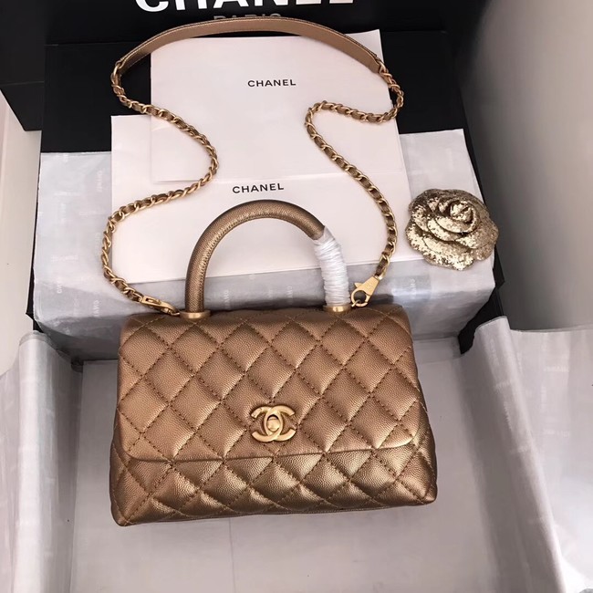 Chanel original Caviar leather flap bag top handle A92290 bronze&Gold-Tone Metal