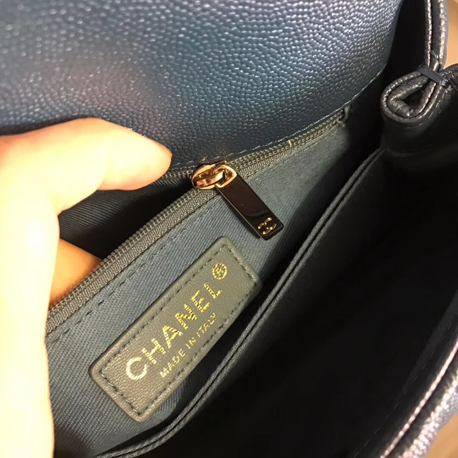 Chanel original Caviar leather flap bag top handle A92290 blue &gold-Tone Metal