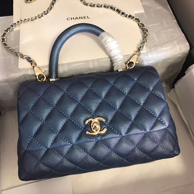 Chanel original Caviar leather flap bag top handle A92290 blue &gold-Tone Metal