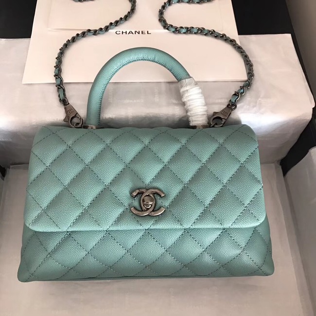 Chanel original Caviar leather flap bag top handle A92290 green &Silver-Tone Metal