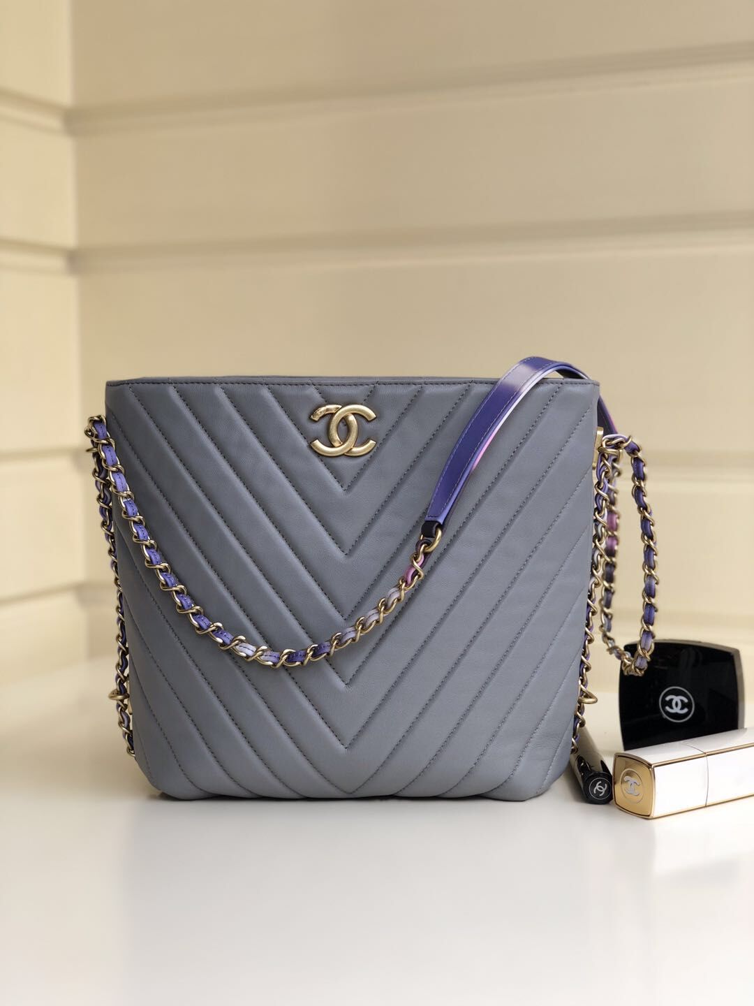 Chanel CC Original Lambskin Leather Blue V92238 Gold