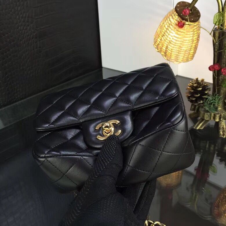 Chanel Classic MINI Flap Bag Original Sheepskin Leather A1115 Black Gold Chain