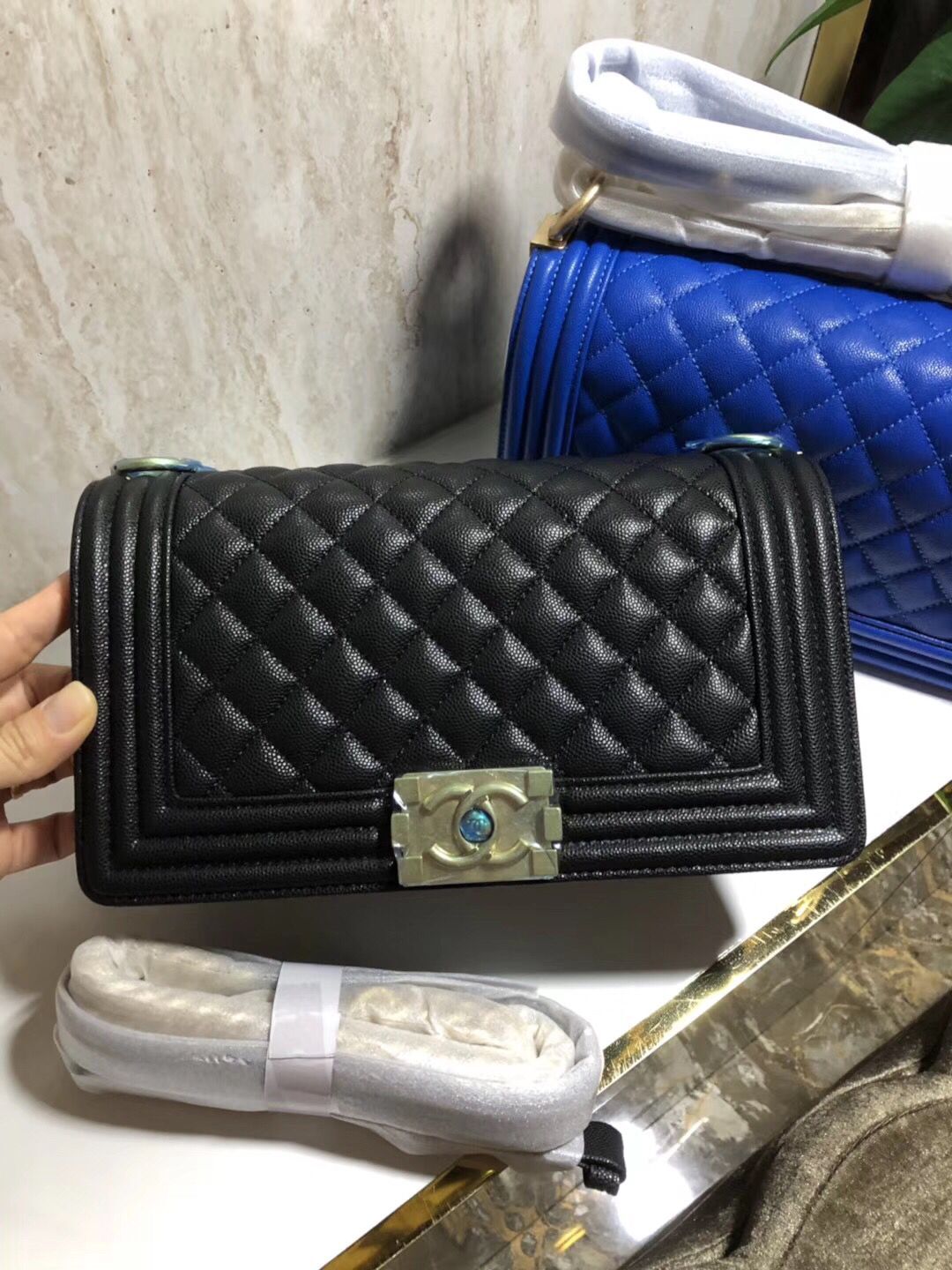 Chanel Boy Flap Original Caviar Leather Shoulder Black Bag A67086 Silver