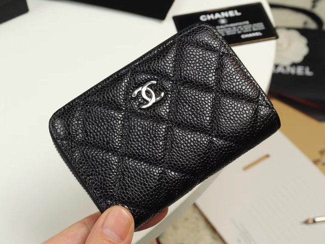 Chanel classic card holder Grained Calfskin & silver-Tone Metal A69271 black