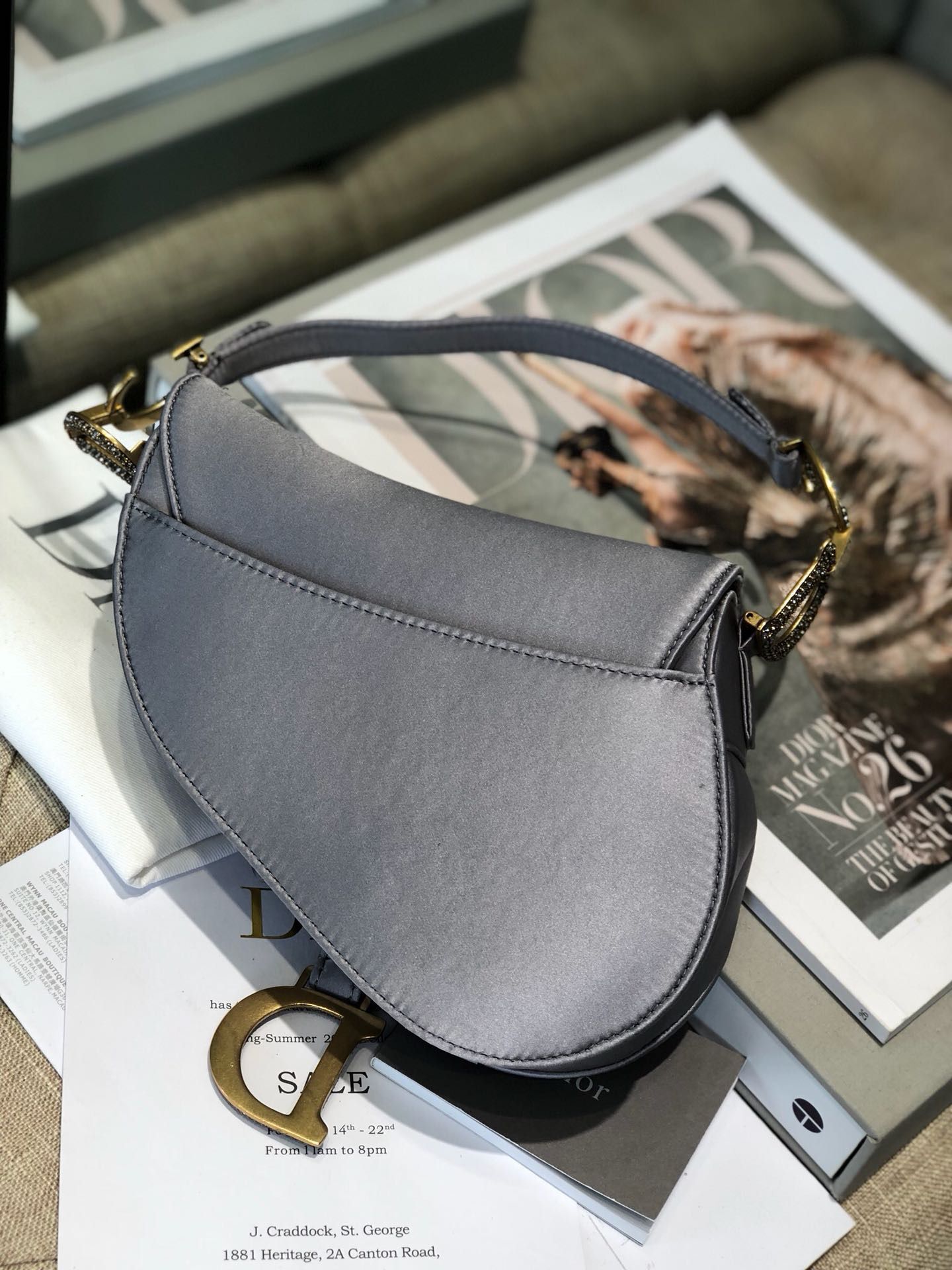 Dior Mini Saddle Satin Crystal Bag M0447 Gray