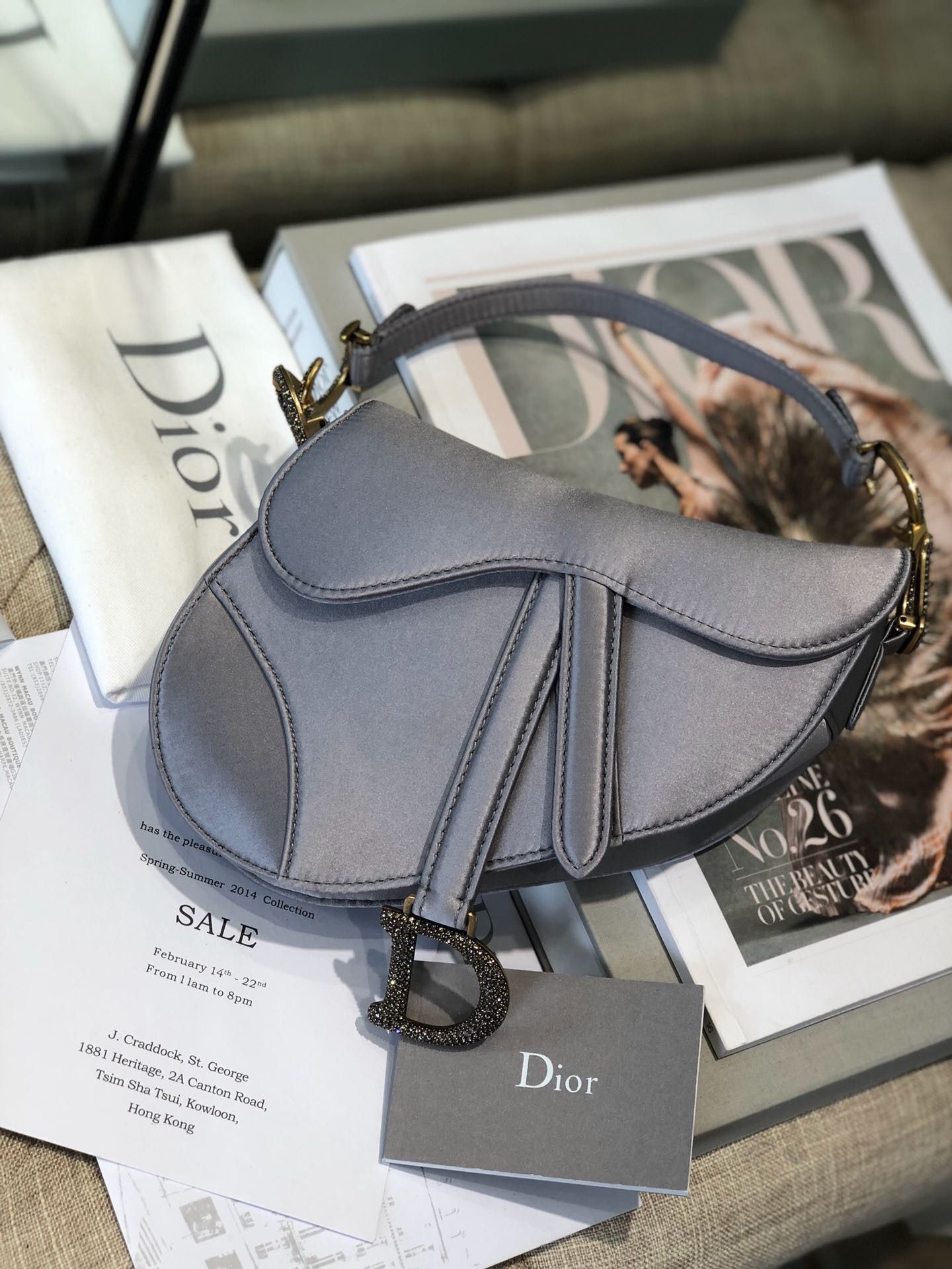 Dior Mini Saddle Satin Crystal Bag M0447 Gray