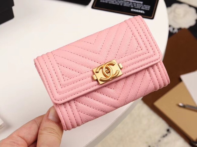Chanel Calfskin Leather Card packet & Gold-Tone Metal A80603 pink