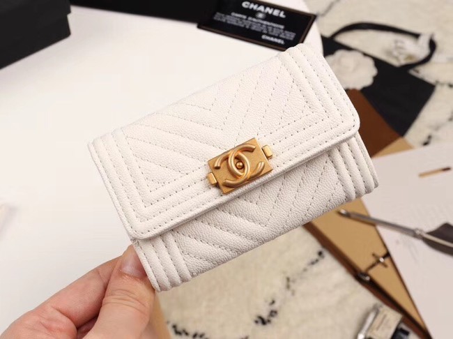 Chanel Calfskin Leather Card packet & Gold-Tone Metal A80603 white