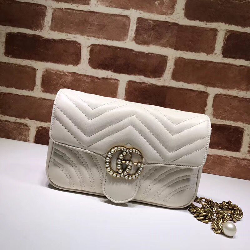 Gucci Pearl GG Marmont Small Matelasse Original Leather Shoulder Bag 443497 White