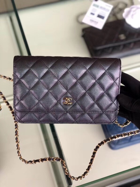 Chanel classic wallet on chain Grained Calfskin & gold-Tone Metal 33814 Pearlescent black