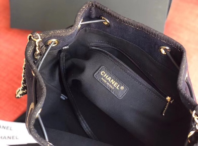 CHANEL Tweed Calfskin drawstring bag & Gold-Tone Metal AS0455 Navy