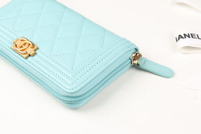 Chanel Calfskin Leather & Gold-Tone Metal Wallet A80566 Light Blue