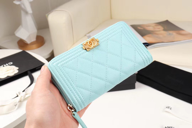 Chanel Calfskin Leather & Gold-Tone Metal Wallet A80566 Light Blue