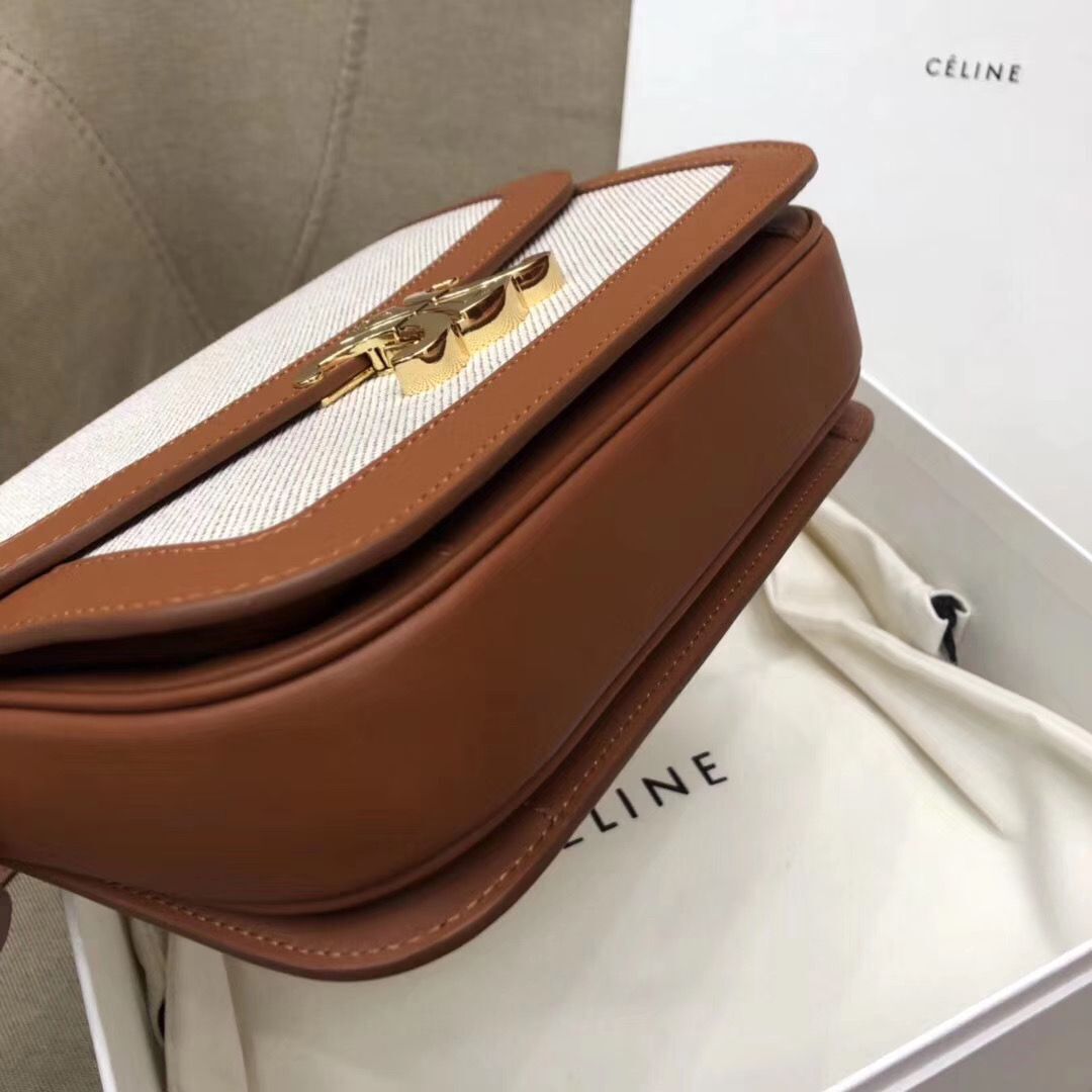 CELINE LARGE TRIOMPHE BAG IN TEXTILE AND NATURAL CALFSKIN 18887 Brown