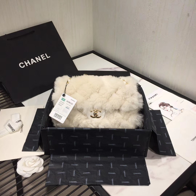 Chanel flap bag Wool sheepskin &Gold-Tone Metal AS1200 white