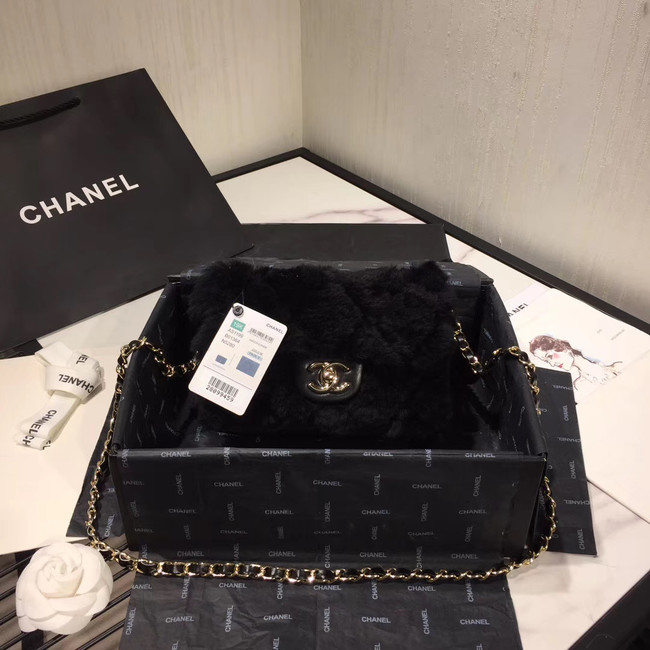 Chanel flap bag Wool sheepskin &Gold-Tone Metal AS1199 black