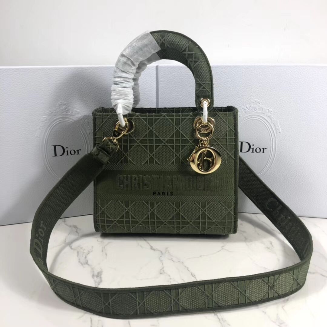LADY DIOR TOTE BAG IN EMBROIDERED CANVAS C4532 Blackish green