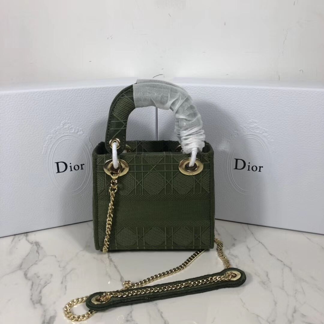 MINI LADY DIOR TOTE BAG IN EMBROIDERED CANVAS C4531 Blackish green