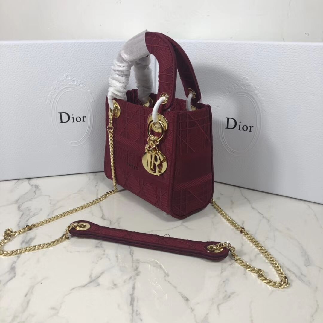 MINI LADY DIOR TOTE BAG IN EMBROIDERED CANVAS C4531 Bordeaux
