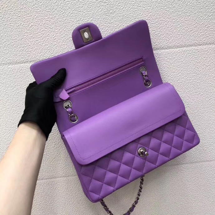 CHANEL Classic Handbag Lambskin purple 1112 & Silver-Tone Metal
