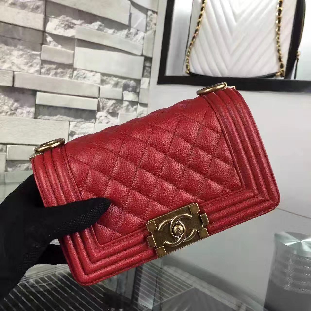 Chanel Le Boy Flap Shoulder Bag Original Cavier Leather A67085 Red Gold Buckle