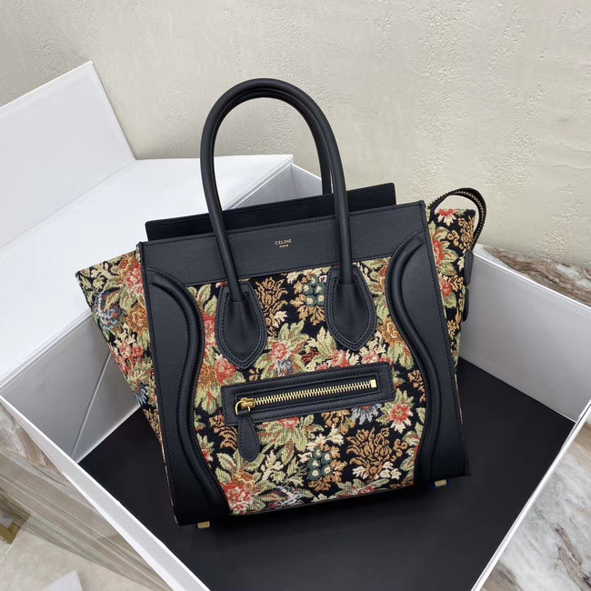 CELINE MICRO LUGGAGE BAG IN FLORAL JACQUARD AND CALFSKIN 167793 BLACK
