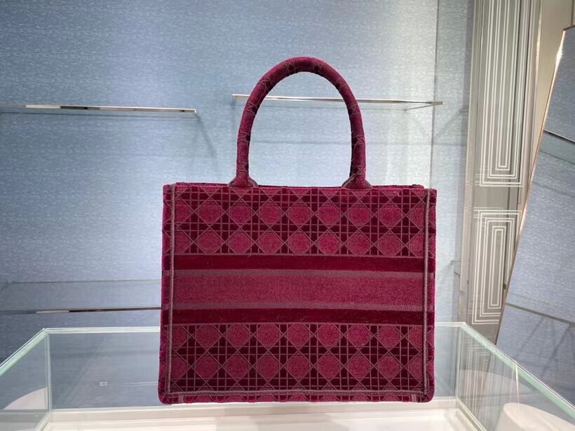 SMALL DIOR BOOK TOTE Burgundy Cannage Embroidered Velvet M1287Z
