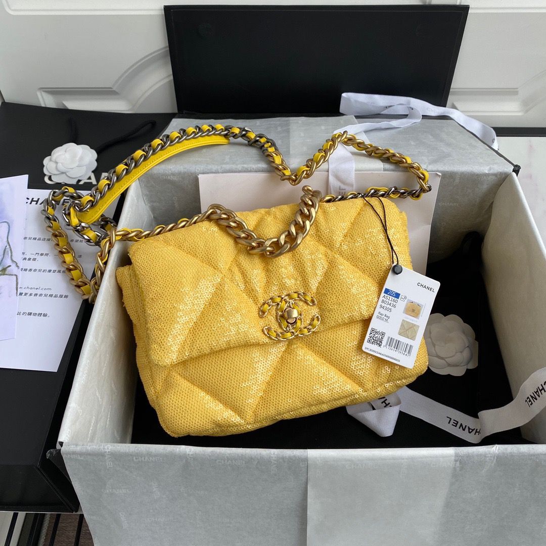 Chanel 19 Flap Bag Original Beads Leather AS1160 Yellow