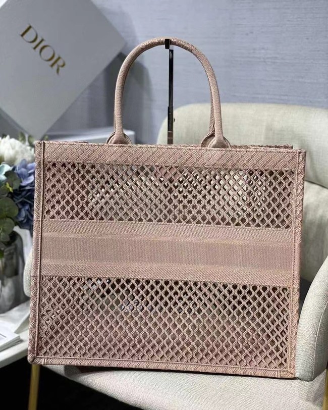 DIOR BOOK TOTE Black Mesh Embroidery M1286ZW  light pink