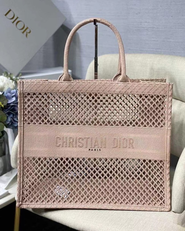 DIOR BOOK TOTE Black Mesh Embroidery M1286ZW light pink