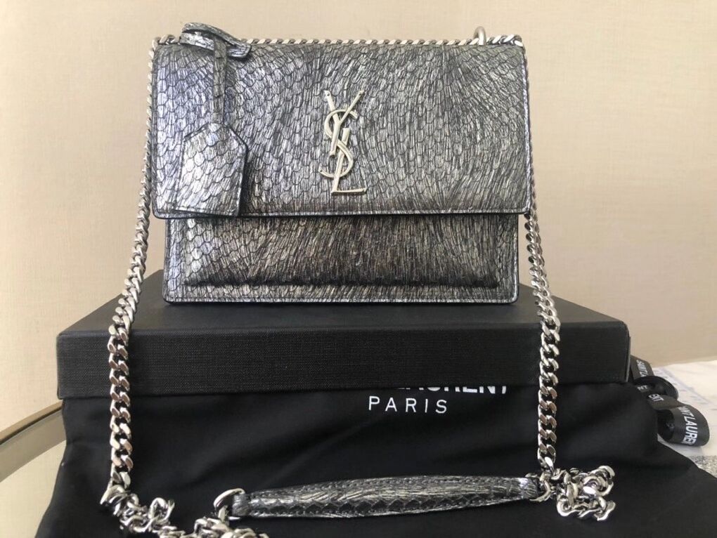 Yves Saint Laurent SUNSET SMALL CHAIN BAG IN SHINY SCALE-EMBOSSED LEATHER Y544296 silver