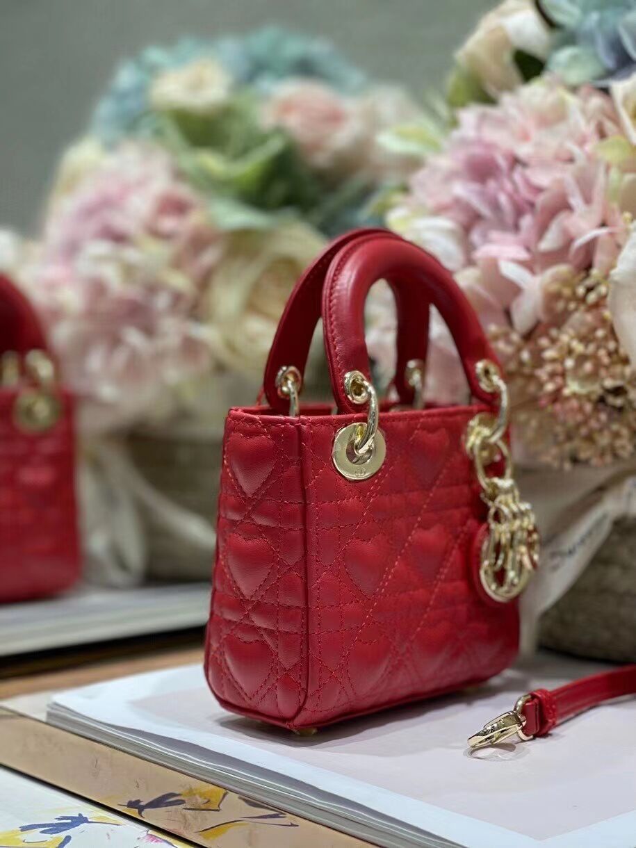 MICRO DIORAMOUR LADY DIOR BAG Bright Red Cannage Lambskin with Heart Motif S0856ON