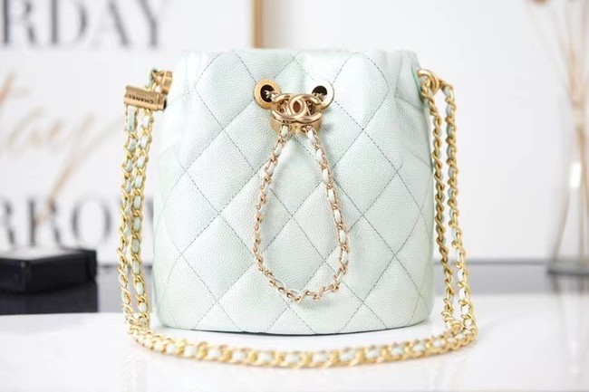Chanel Drawstring Bag Grained Calfskin & Gold Metal AS2859 light green