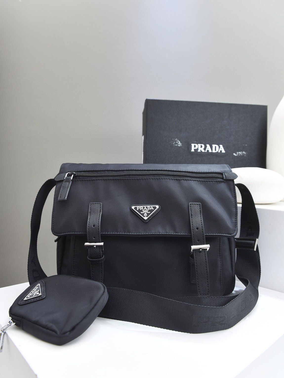 Prada Nylon Flap Messenger shoulder Bag PN1259 Black