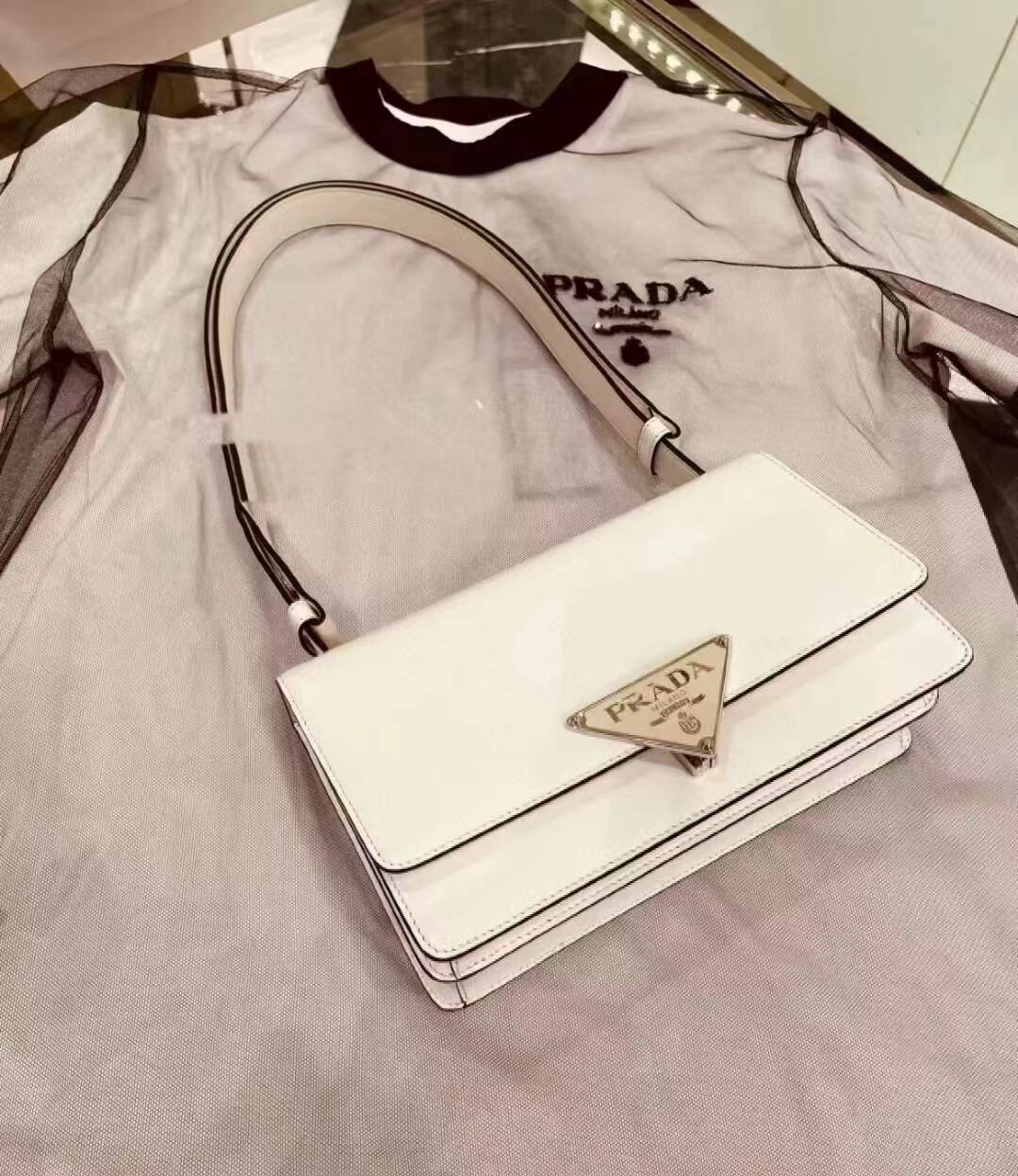 Prada Cleo brushed leather shoulder bag 1BN321 white