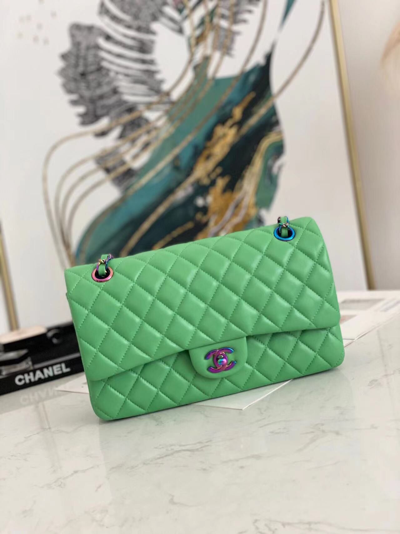 Chanel Classic Handbag Lambskin & Color Metal A01112 Green