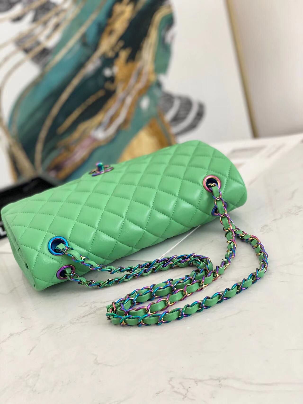 Chanel Classic Handbag Lambskin & Color Metal A01112 Green
