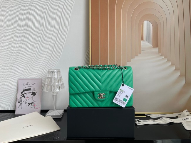 Chanel classic handbag Lambskin & silver Metal V01112 green