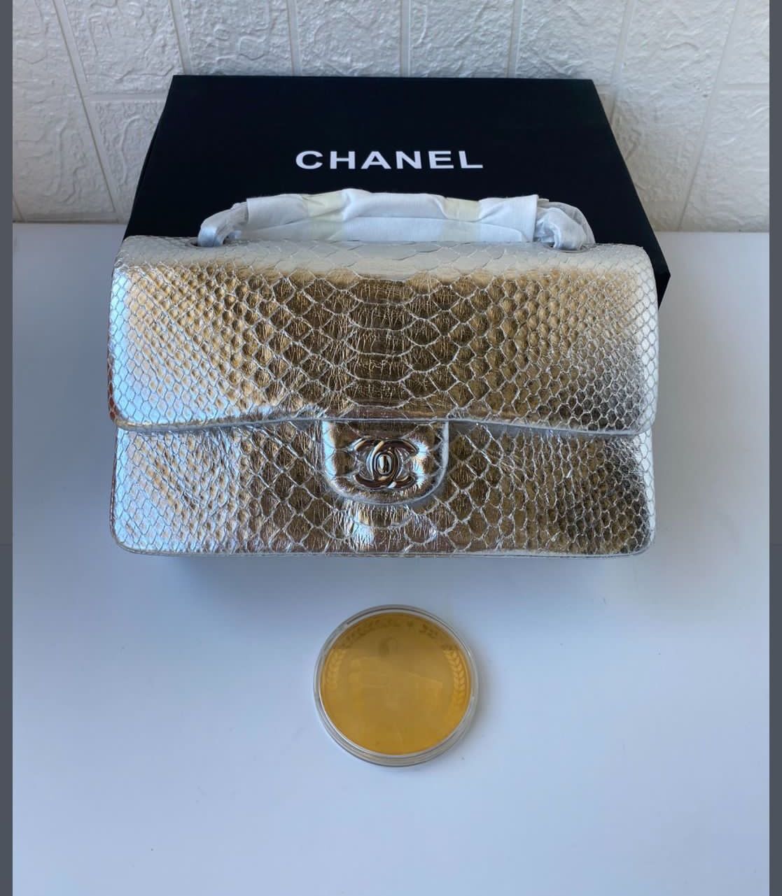 Chanel 2.55 Series Flap Bags Sakura Silver Original Python Leather A1112SA Silver