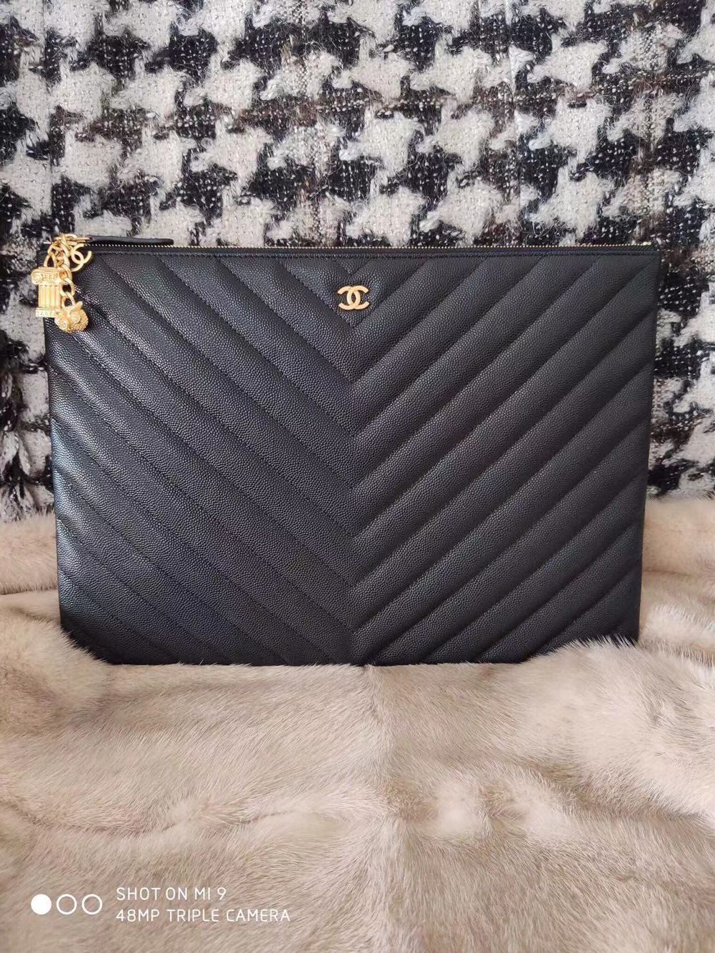 Chanel Clutch Bag Black Caviar Leather 7012 Gold