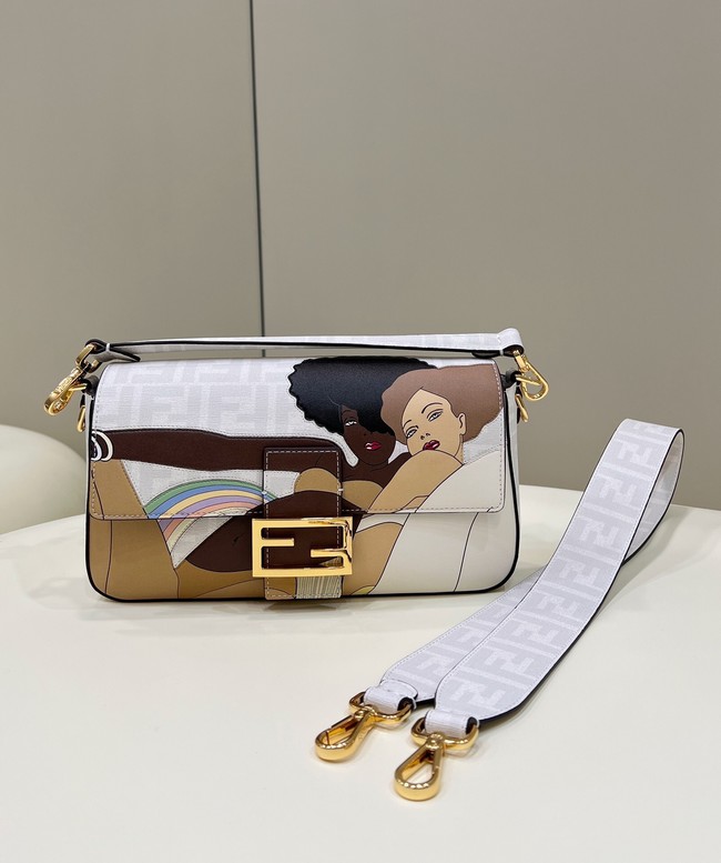 Fendi FF glazed fabric bag with inlay Baguette 8BR600A white