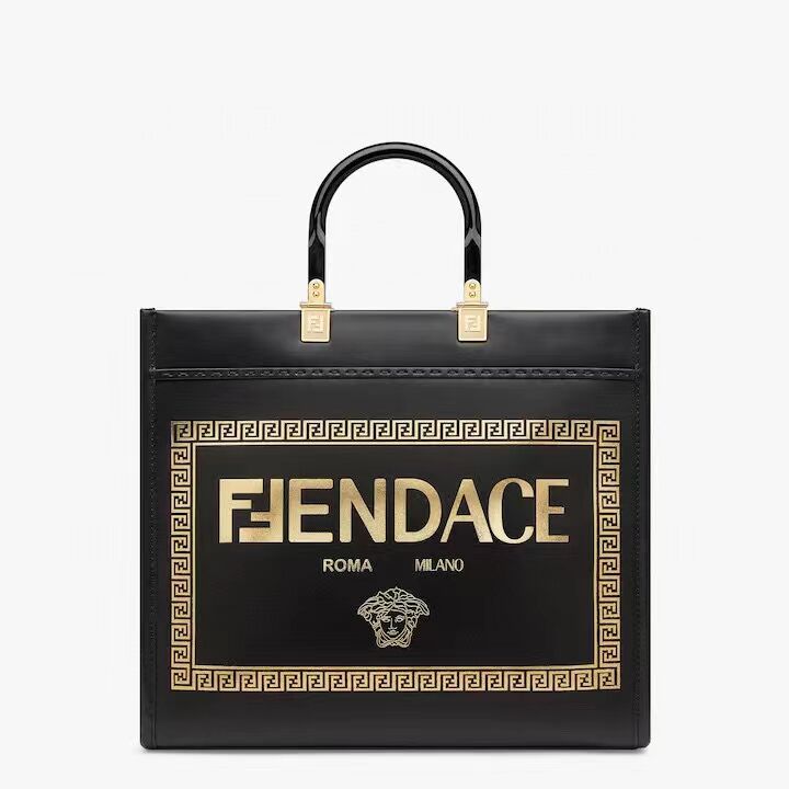 Fendi Sunshine Medium Fendace Printed black leather Logo shopper 8BH386A
