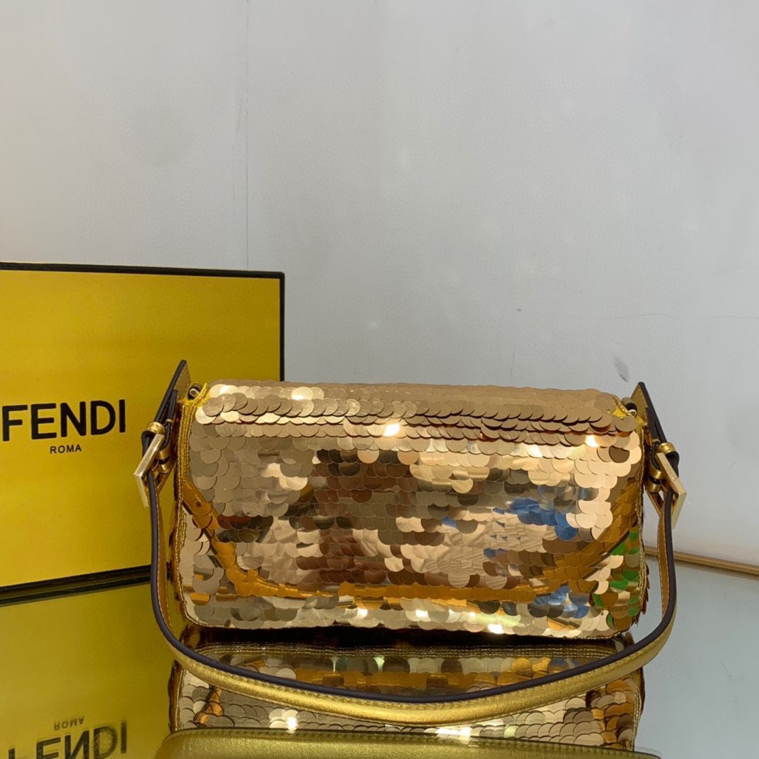 Fendi FF Baguette Gold Metal Sequin Embroidery Bag 2017 Gold
