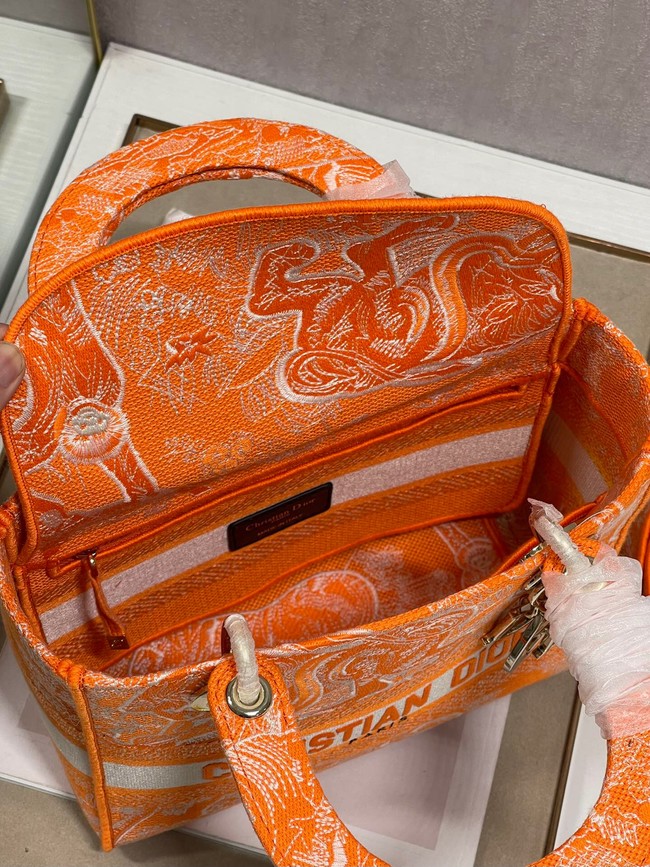 MEDIUM LADY D-LITE BAG Fluorescent Orange Toile de Jouy Reverse Embroidery M0565ORO