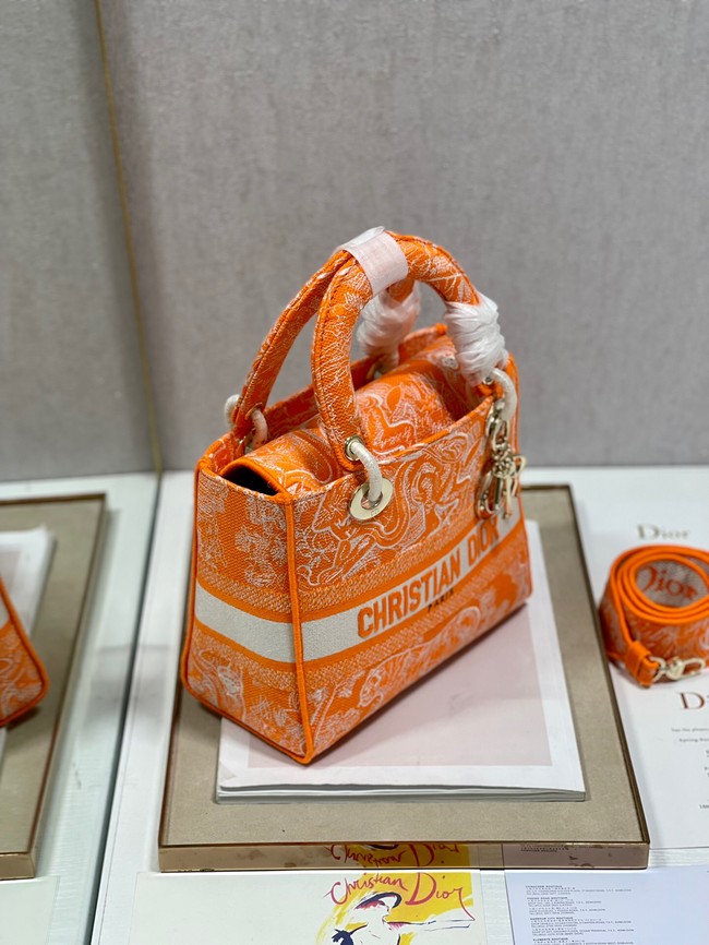 MEDIUM LADY D-LITE BAG Fluorescent Orange Toile de Jouy Reverse Embroidery M0565ORO