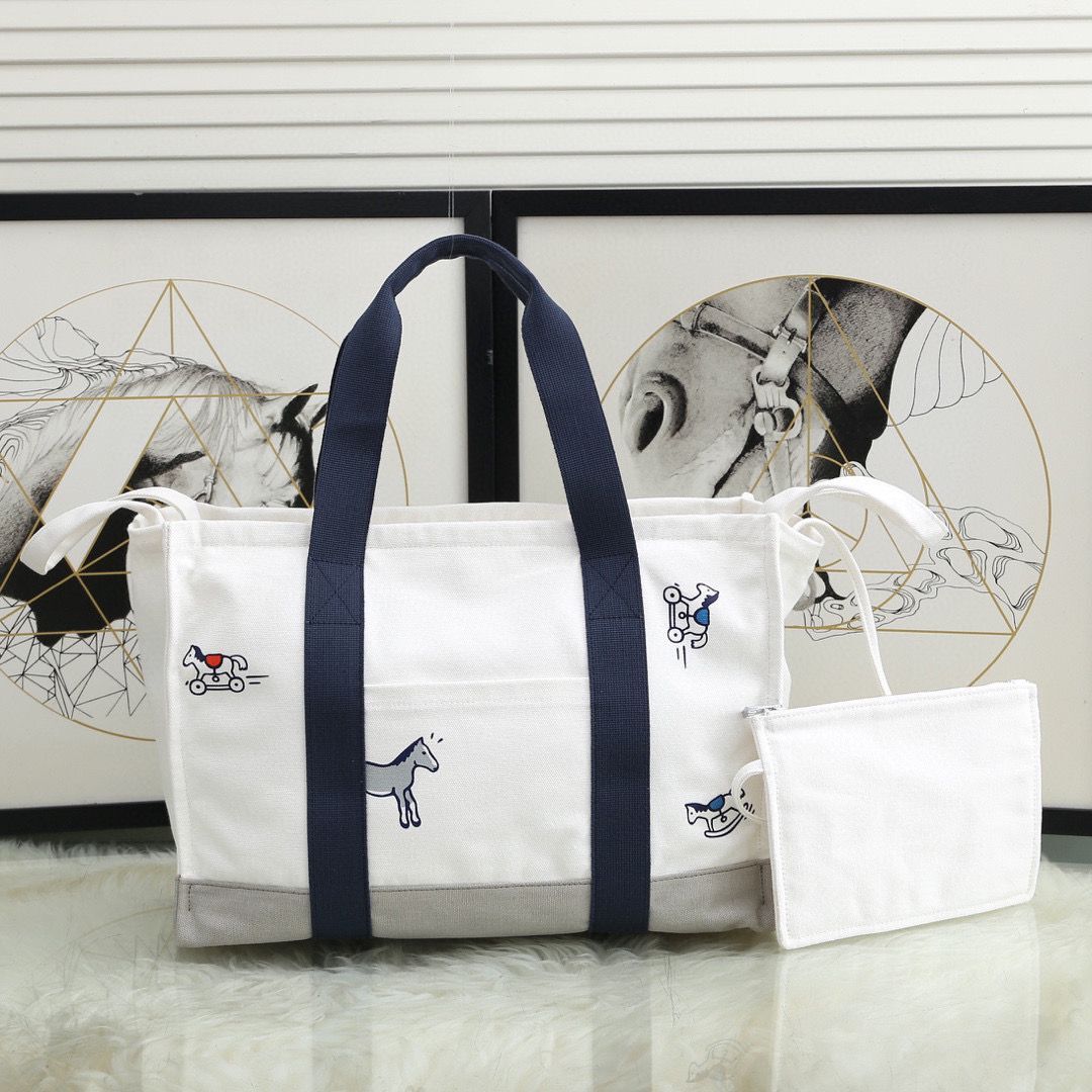 Hermes Adada Nappy Canvas Shopping Bag H5635 Navy&White
