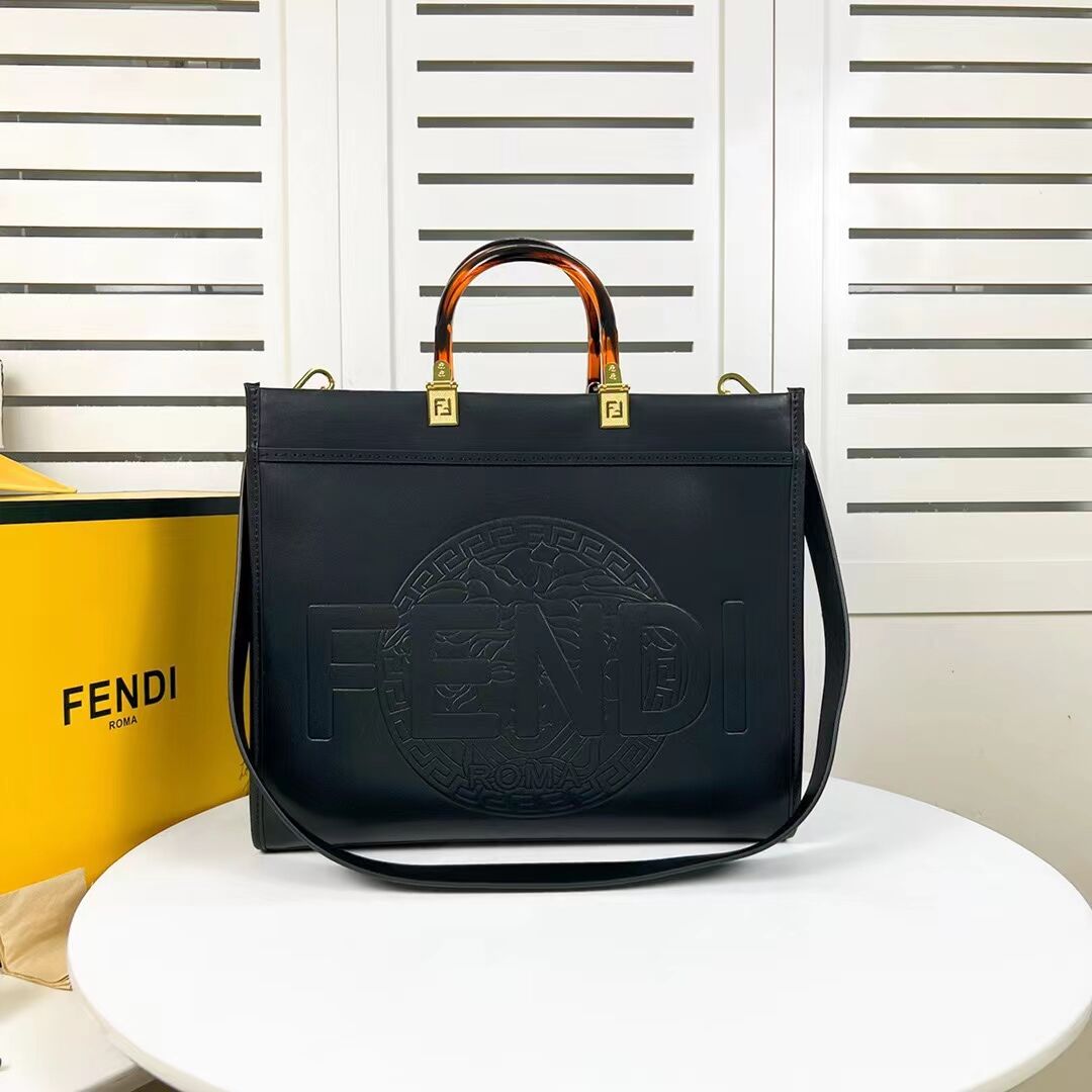Fendi Sunshine Medium Fendace Printed black leather Logo shopper F0873 black